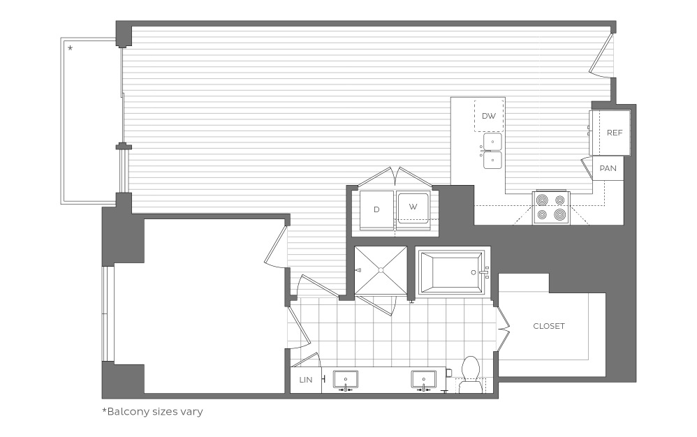 J - 1 bedroom floorplan layout with 1 bathroom and 928 - 1051 square feet (2D)