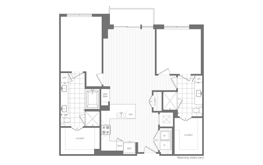 O - 2 bedroom floorplan layout with 2 bathrooms and 1264 - 1629 square feet (2D)