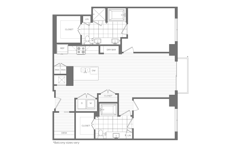 P - 2 bedroom floorplan layout with 2 bathrooms and 1290 - 1455 square feet (2D)