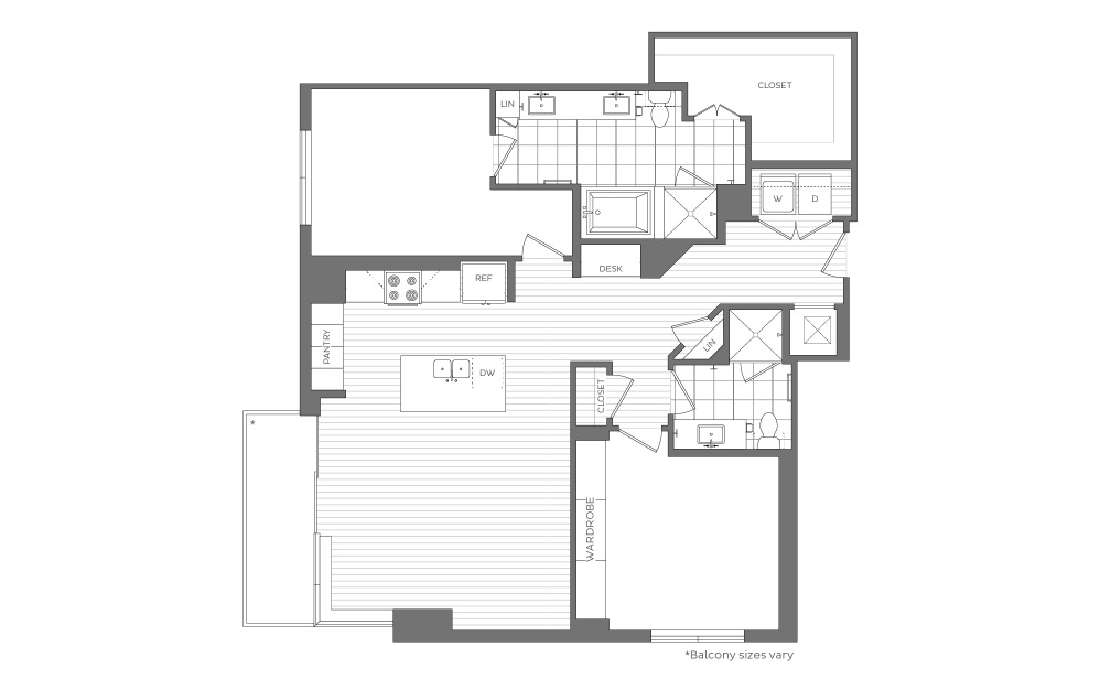 S - 2 bedroom floorplan layout with 2 bathrooms and 1447 - 1592 square feet (2D)