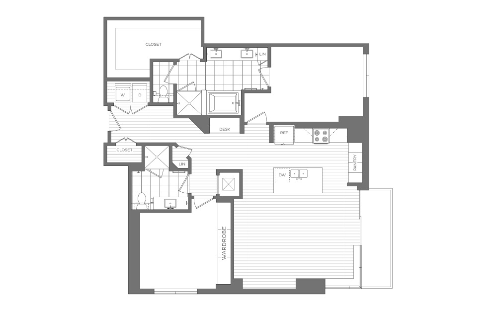 T - 2 bedroom floorplan layout with 2 bathrooms and 1467 square feet (2D)