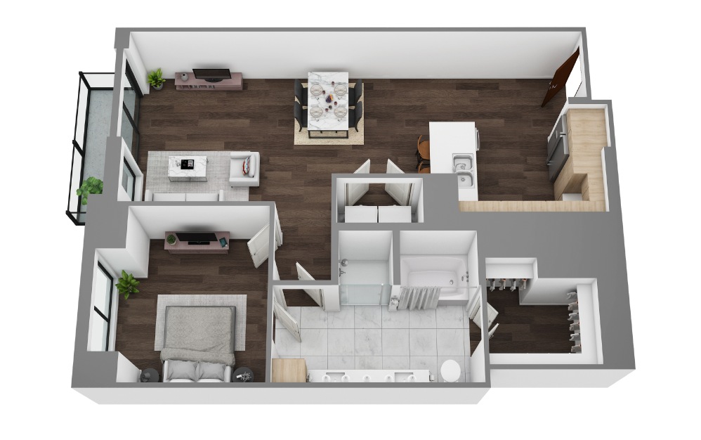 J - 1 bedroom floorplan layout with 1 bathroom and 928 - 1051 square feet (3D)