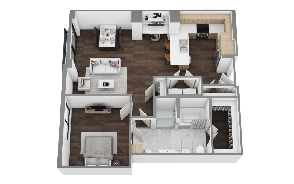 L - 1 bedroom floorplan layout with 1 bathroom and 925 square feet (3D)