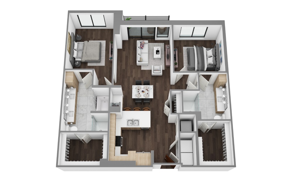 O - 2 bedroom floorplan layout with 2 bathrooms and 1264 - 1629 square feet (3D)