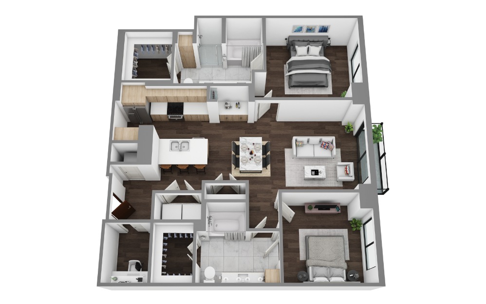 P - 2 bedroom floorplan layout with 2 bathrooms and 1290 - 1455 square feet (3D)