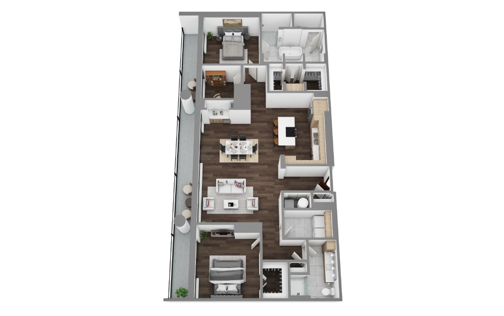 PH3 - 2 bedroom floorplan layout with 2 bathrooms and 2003 square feet (3D)