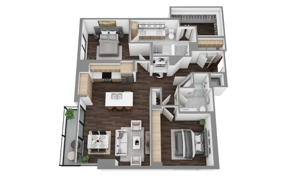 S - 2 bedroom floorplan layout with 2 bathrooms and 1447 - 1592 square feet (3D)