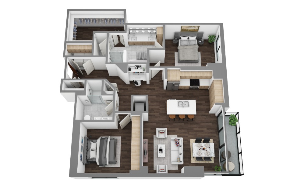 T - 2 bedroom floorplan layout with 2 bathrooms and 1467 square feet (3D)