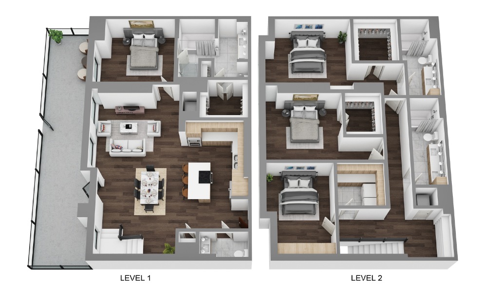 TH3 - 4 bedroom floorplan layout with 3.5 bathrooms and 2884 square feet (3D)